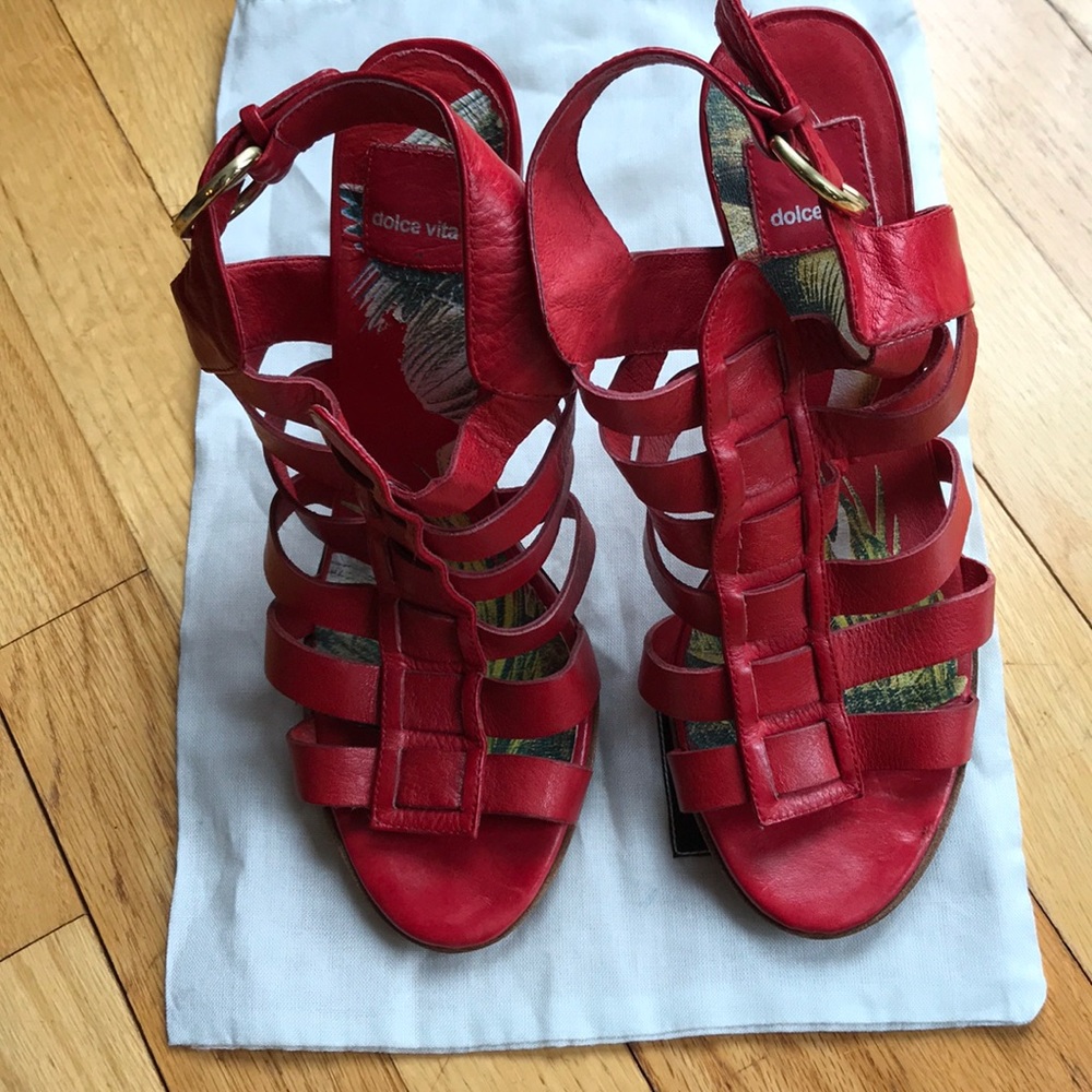 Dolce Vita Red Leather Gladiator Heeled Sandals, 8